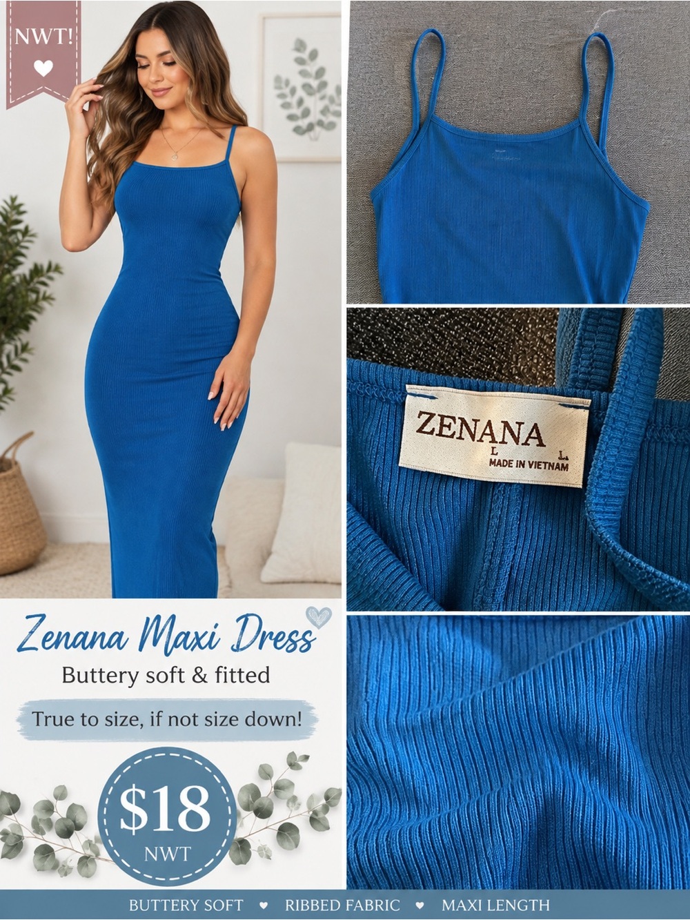 Zenana Outfitters Royal Blue Ribbed Maxi Dress with Spaghetti Straps